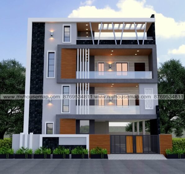 image of triple floor elevation design unique balcony design and pargola with ss pipes