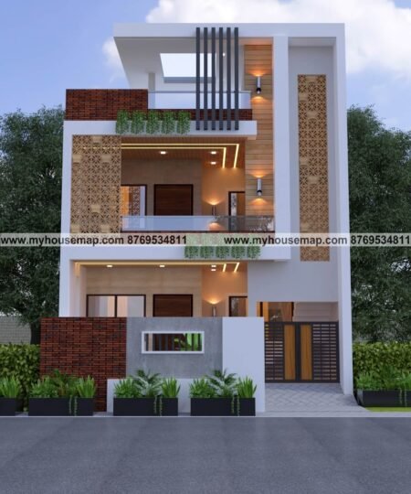 modern duplex home design, image for unique front section design with teracota jali and rustic paint.