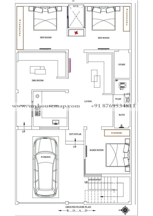 30×52 ft house plan with west facing 3 bhk map