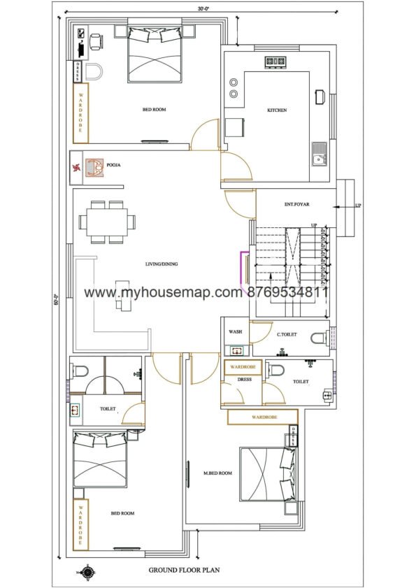 30×60 ft 3 bhk home plan