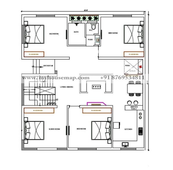 40×44 ft home map with 4 bhk, stair inside