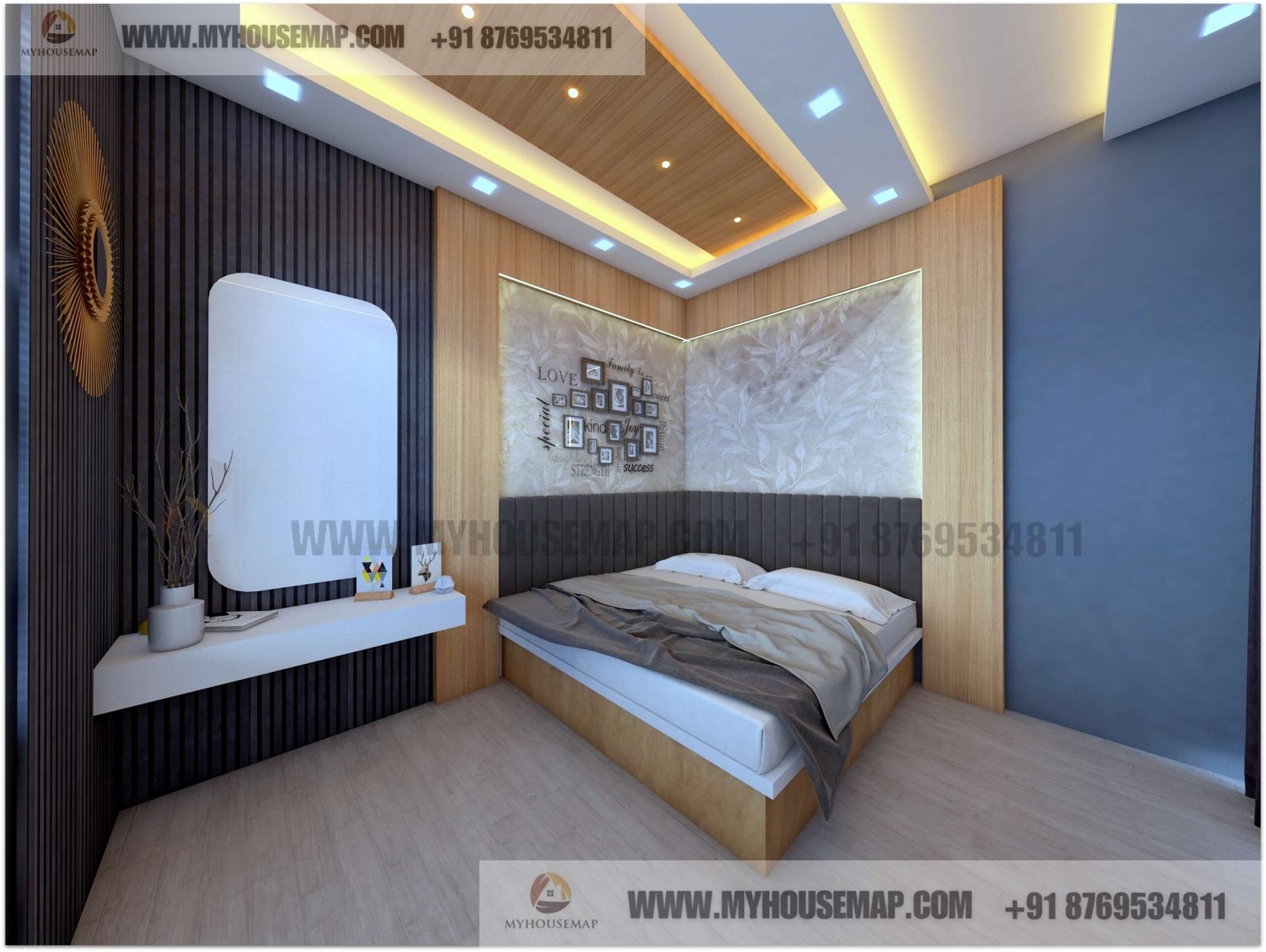 image of modern False ceiling design for bedroom with wall design and warm profile lights unique corner bed design