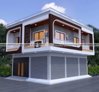 best elevation design services online 9 best house with shop design, image of simple elevtion, brown, peach, and white color theme, glass railing.