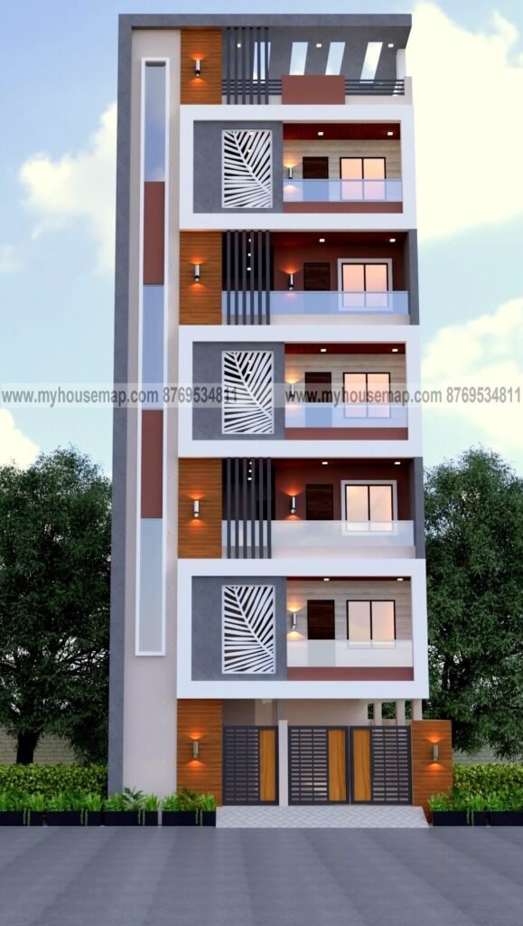 elevation design for multi story apartment, image for small desig with simple front section design, modern balcony.