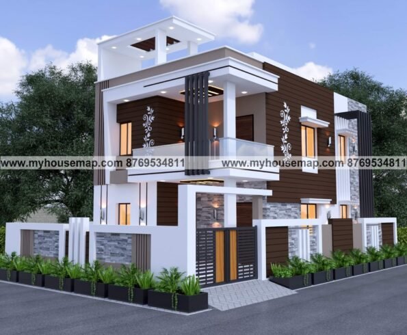 g+1 corner home elevation design, image for modern home with white and brown color, cnc design, ms pipe in front balcony, tiles.