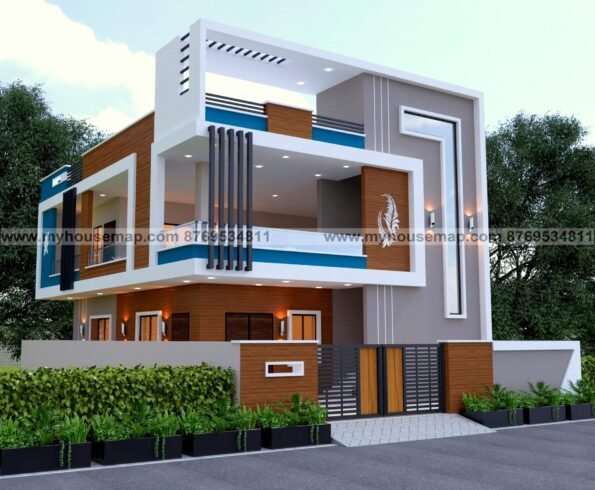modern duplex house design with image for front house simple front section design, wooden tiles, ms pipe in front balcony.