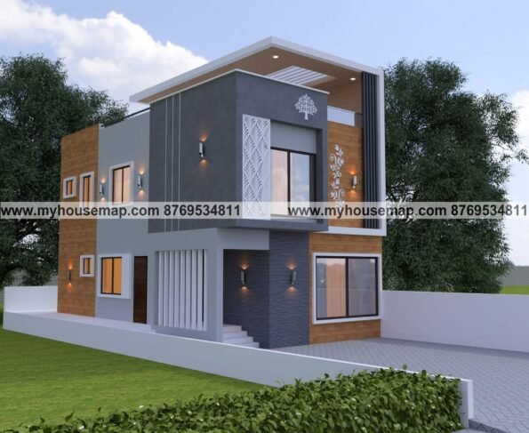 two storey modern house design, image for front house with white and gray color theme, wooden tiles, cnc design and unqiue pergola design.