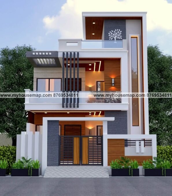 duplex house design image for modern elevation with unqiue front section design with glass and cnc, modern front balcony design with ms pipe and rafter design
