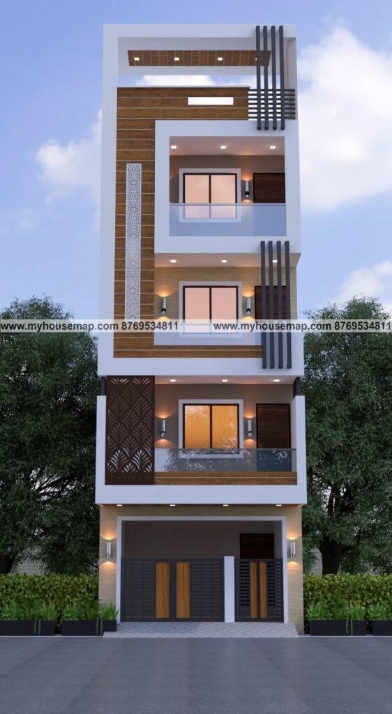 new home design for g+3 building with front image of house ms pipe & cnc design in front balcony.