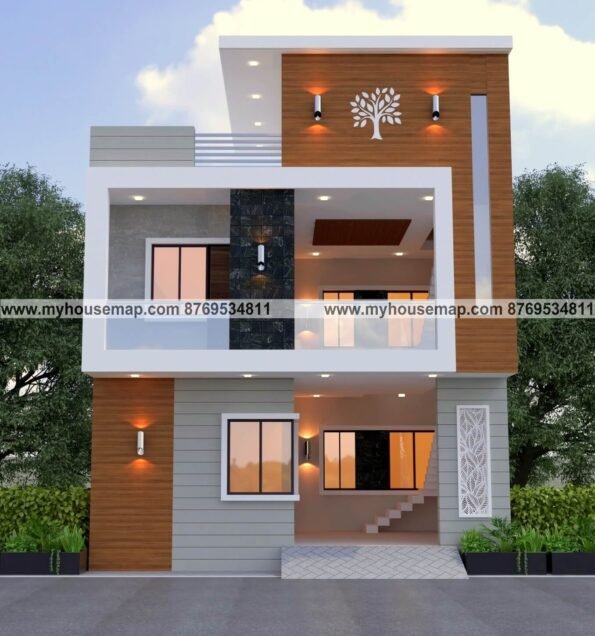 home front elevation design double story with gray ans white color theme, wooden tiles, stone cladding, cnc design.