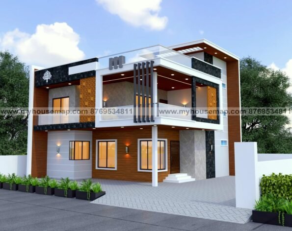 Duplex home front elevation design with stone cladding, terracotta jali, wooden tiles, front mmodern balcony