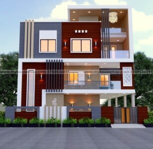 best elevation design services online 6 house front elevation design g+2 with creme and white color theme, stone cladding, wooden tiles, cnc design, modern front balcony design.