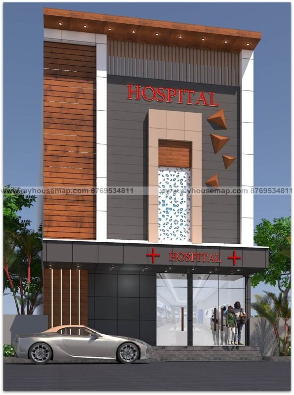 Hospital building elevation with acp sheet, wooden tiles, cnc design, modern front design.