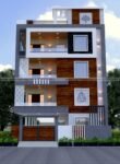 home design 3d with 4 floor, image of front home, wooden tiles, stone cladding, white and gray color theme.