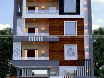 home design 3d with 4 floor, image of front home, wooden tiles, stone cladding, white and gray color theme.