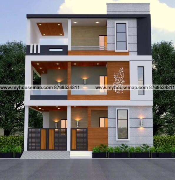 simple house front design triple floor with gray,and white color theme, wooden tiles, cnc design.