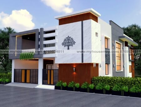 Duplex home elevation design with gray and white color, wpc, stone cladding, rustic paint and cnc design.