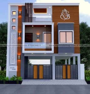 front elevation double floor design with wooden tiles, small section design, gay and white color theme