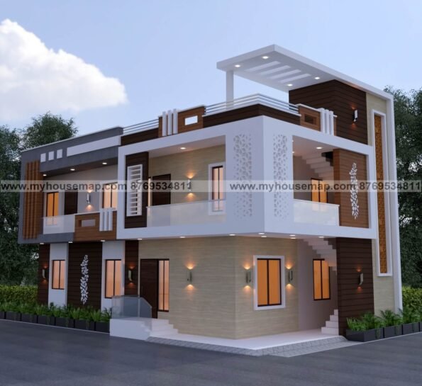 2 floor front elevation design with corner house, simple stair section design with teracotta jali, gray, brown and white color theme