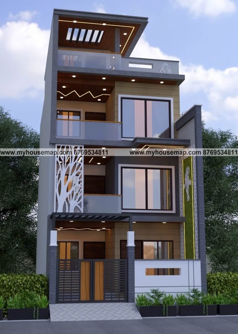 house color and painting design 15 Modern 3 floor house elevation design with glass railings, large glass windows, decorative wall panels, and contemporary lighting in a 20×50 ft