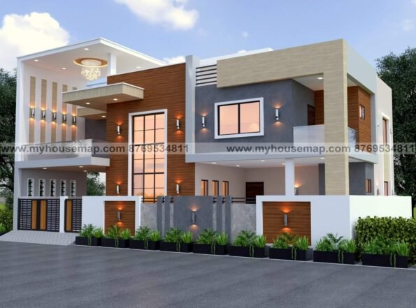 modern 2 floor house elevation design with wooden and ivory tiles white grey colour paint front stairs and compound wall design