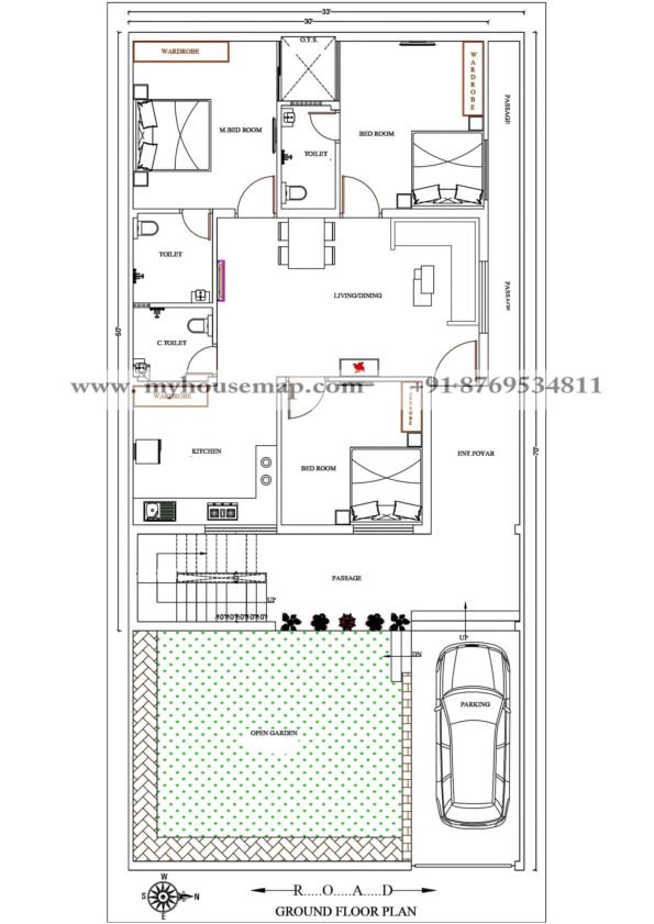 33×70 ft house plan with east facing, 2 bhk map