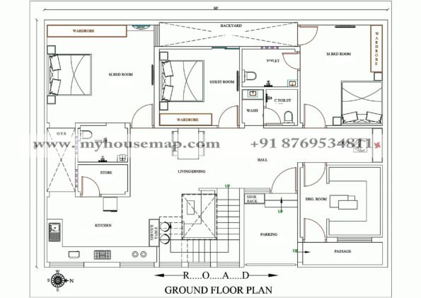 50×36 ft house map, east facing, 3 bhk plan