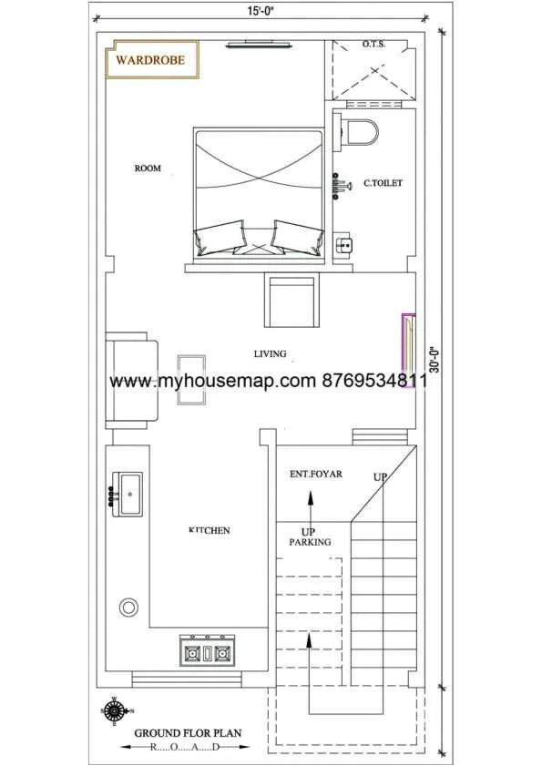 15×30 Ft 1 Bhk House Plan