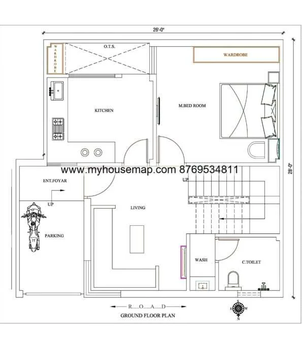 26×28 Ft 1 Bhk House Map