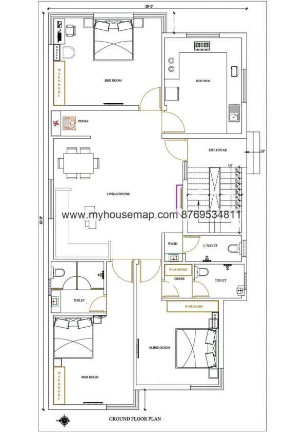 30×60 Ft 3 Bhk Home Plan