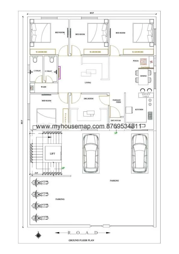 40×65 Ft 5 Bhk Home Map